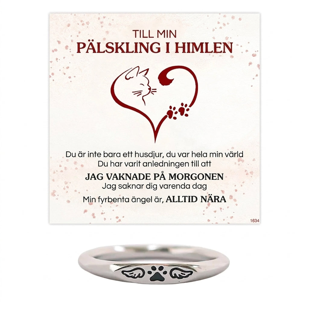 Minnesgåva – Ringen ”Min fyrbenta ängel är alltid nära” (med liten tass och vingar)